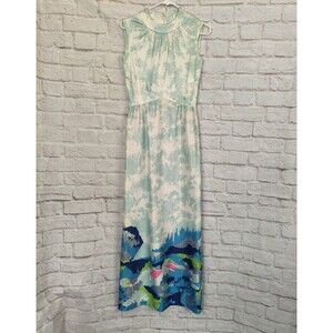 VTG Yves Jennet Blue White Beachy Coastal Scene Empire Waist Sleeveless Size 8